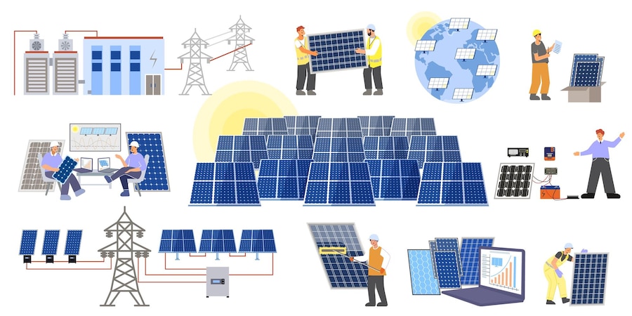 un ensemble de : lignes électriques panneaux photovoltaïques