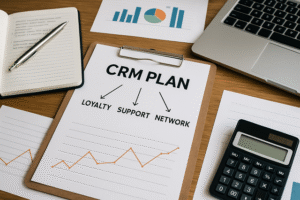 Plan CRM sur bureau avec graphique de fidélisation, ordinateur portable et calculatrice