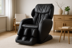 Fauteuil massant en cuir noir dans un salon apaisant et lumineux