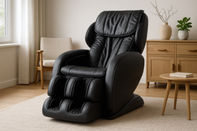 Fauteuil massant en cuir noir dans un salon apaisant et lumineux