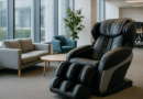 Espace détente en entreprise avec un fauteuil massant dans un bureau moderne et lumineux