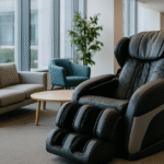 Espace détente en entreprise avec un fauteuil massant dans un bureau moderne et lumineux