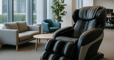 Espace détente en entreprise avec un fauteuil massant dans un bureau moderne et lumineux