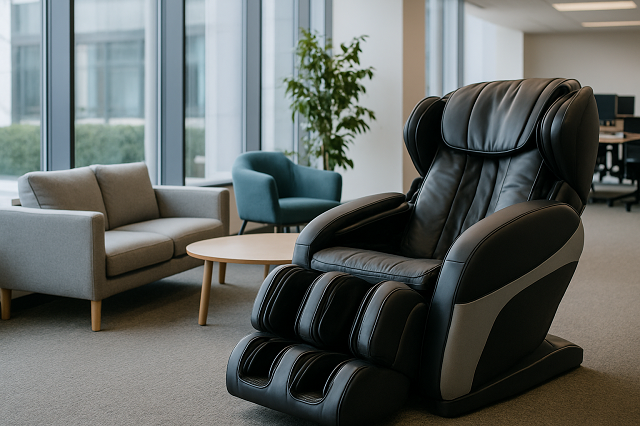 Espace détente en entreprise avec un fauteuil massant dans un bureau moderne et lumineux