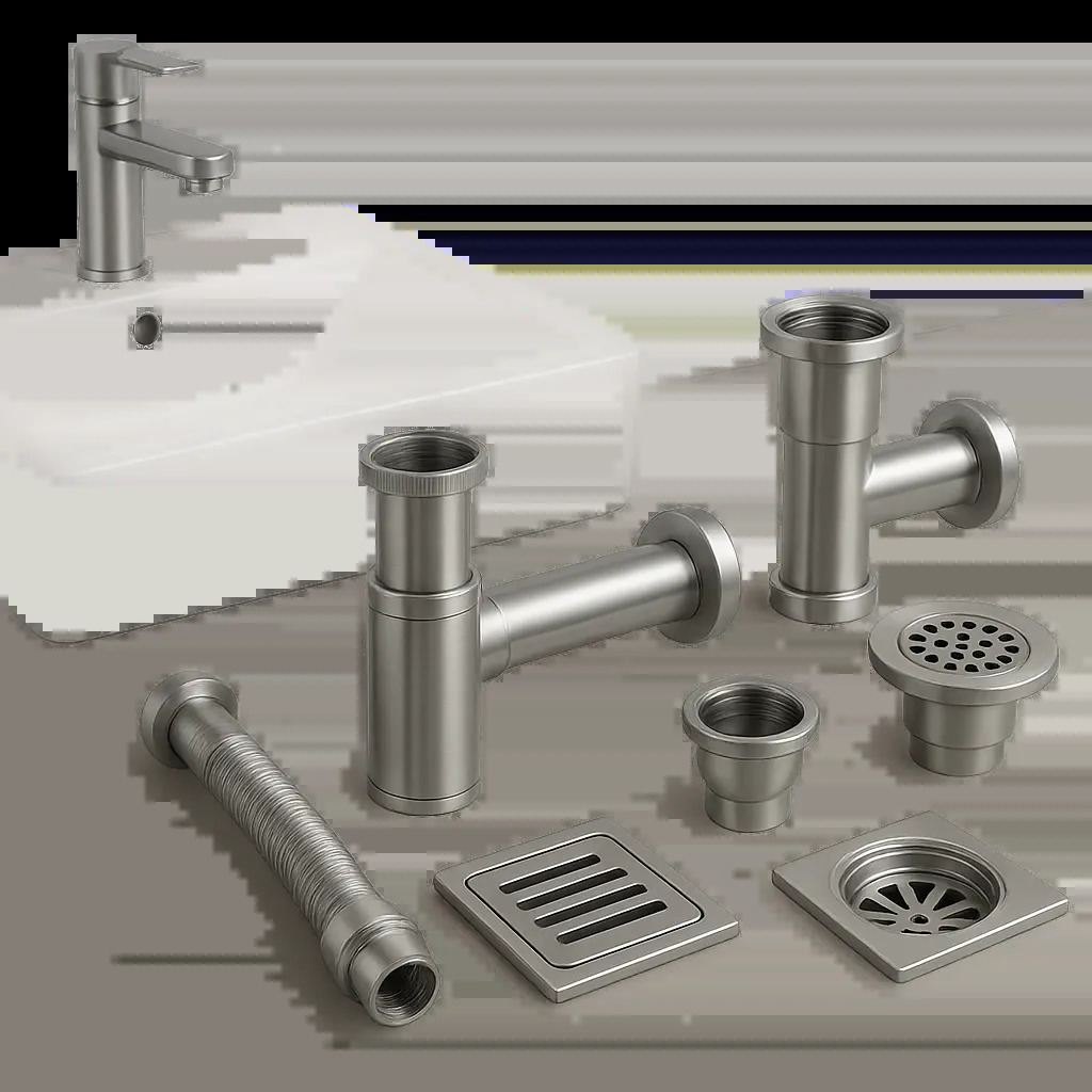 Illustration d’un siphon en inox adapté à l’évier, au lavabo, à la douche et au sol. Une mise en scène claire pour valoriser la durabilité, l’entretien facile et la prévention des odeurs.