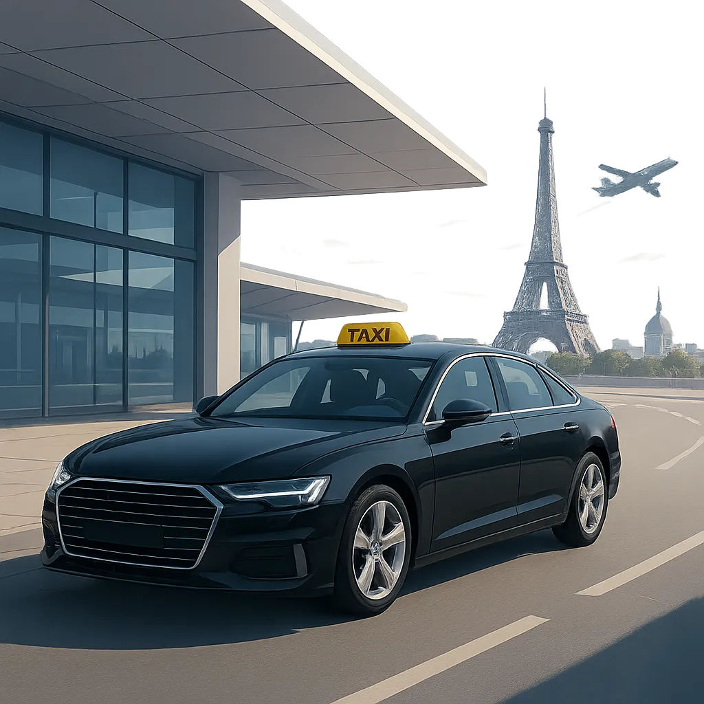 Illustration d’un taxi à Orly dans un univers professionnel et rassurant. L’image évoque la transparence des prix et la simplicité d’une réservation anticipée.