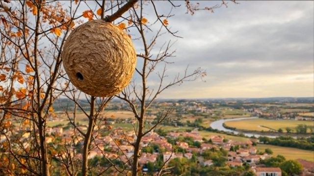 Nid de frelon asiatique perché dans un arbre en Lot-et-Garonne, illustration du guide 2026 sur l’invasion de Vespa velutina dans le Sud-Ouest