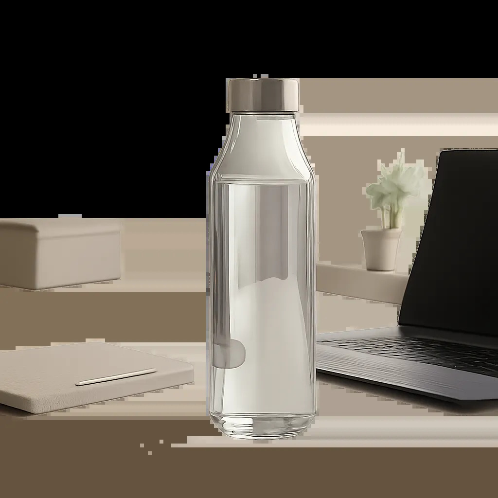 Une gourde en verre élégante mise en scène dans un environnement bureau lumineux, pour illustrer la pureté, la simplicité et l’usage quotidien. L’image évoque un objet premium adapté à la maison comme au travail.