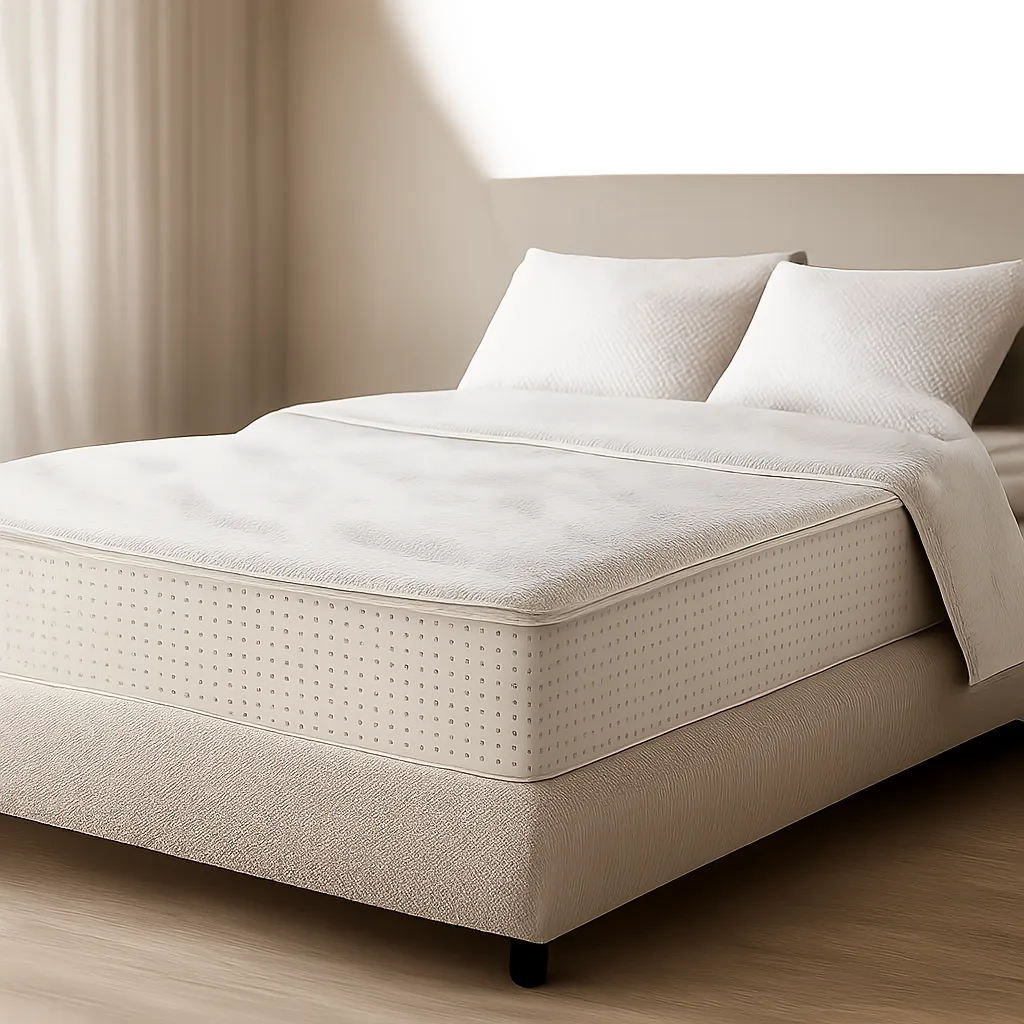 Visuel éditorial d’un matelas en latex dans une chambre épurée et haut de gamme. L’image évoque le soutien, la fraîcheur et le confort de nuit.