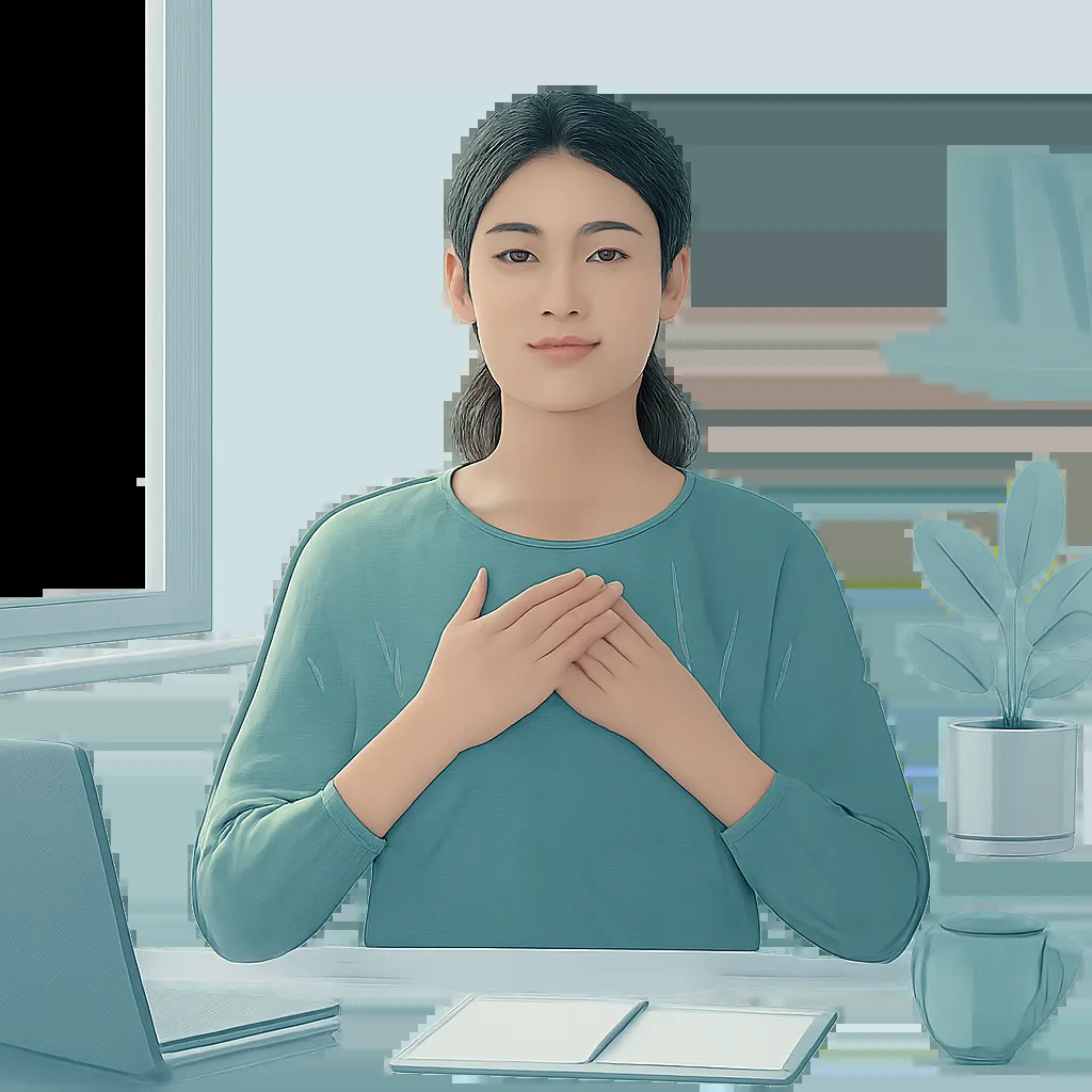 Illustration d’une routine de respiration simple pour apaiser le stress et soutenir la récupération. L’ambiance doit évoquer la clarté mentale, le calme et l’équilibre entre bureau et bien-être.