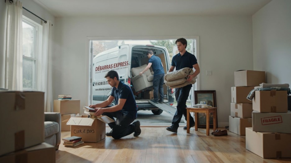 Trois déménageurs professionnels chargent un camion "Débarras Express" avec des meubles et des cartons (dont un marqué "CUIR & BOIS") dans une pièce remplie, dans le cadre d'un service appliquant 10 conseils pour vider une maison efficacement.